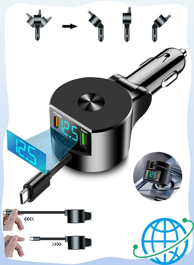 مانجي شاحن سيارة USB C قابل للسحب، كابلات PD 30 وات من النوع C قابلة للسحب، شاحن سيارة سريع متوافق مع iPhone 16 Pro Max Plus 15 14 13 XS Samsung GPS - Image 1